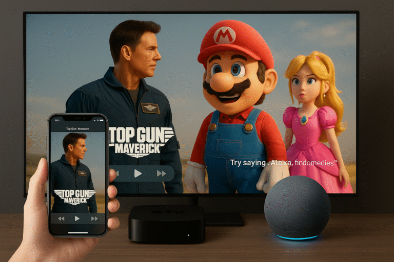 Image of Apple TV being controlled via iPhone and Firestick via Alexa Echo.