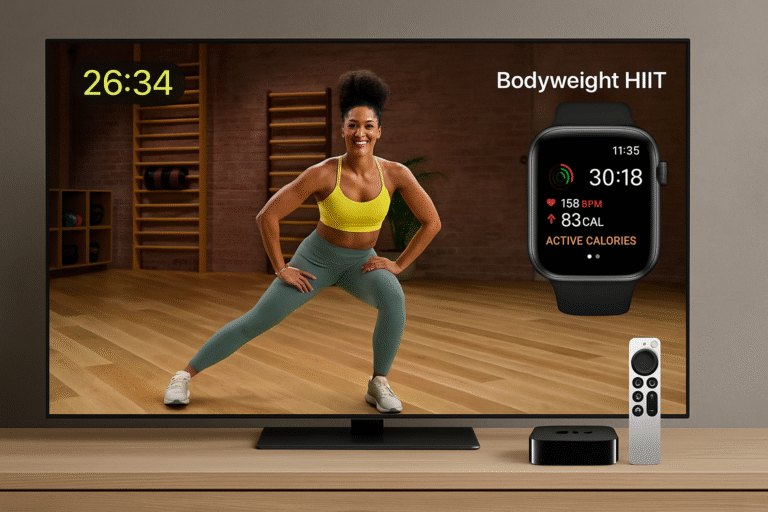Image of Fitness+ workout on Apple TV with Watch overlay