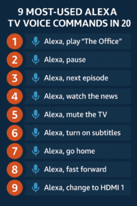 Infographic listing the 9 most-used Alexa TV voice commands in 2025 on smart TVs with Alexa speakers, including controls for power, volume, inputs, streaming apps, and smart home actions.