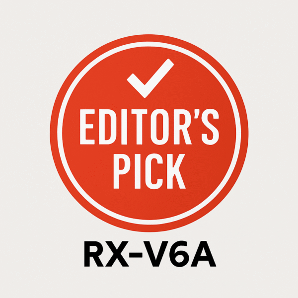 Editor’s Pick – Yamaha RX-V6A infographic badge featuring a gold ribbon and star emblem over the receiver image, highlighting it as the top-rated 8K AV receiver for its balance of gaming, streaming, and smart home integration.