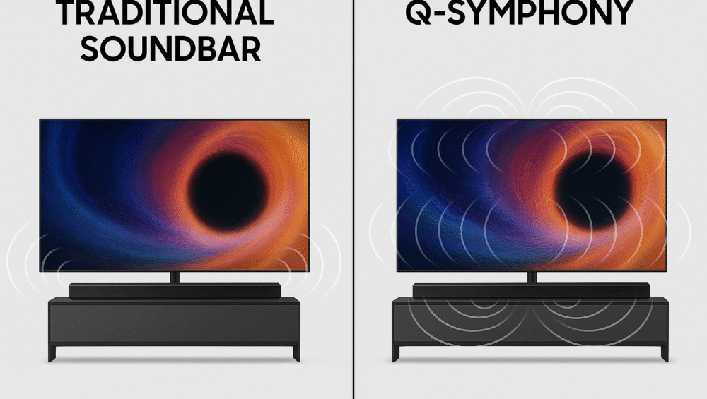 Infographic comparing traditional soundbar setups vs Q-Symphony-enabled system.