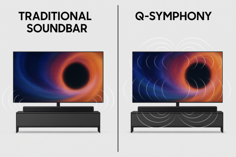 Infographic comparing traditional soundbar setups vs Q-Symphony-enabled system.