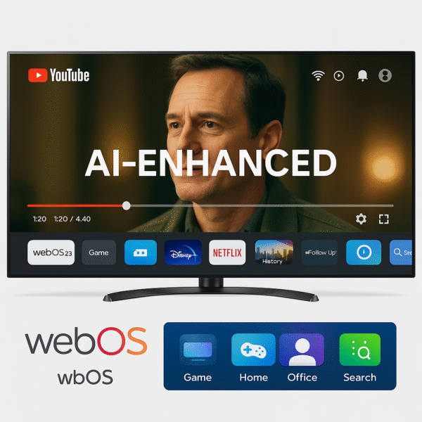 LG webOS UI showing AI-enhanced YouTube playback.