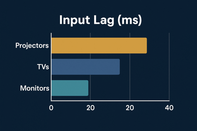 Lag comparison chart illustrating input lag in milliseconds for projectors, TVs, and monitors, showing relative performance for gaming setups.