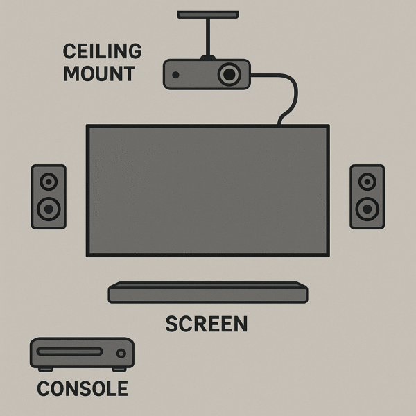 Layout diagram showing ceiling mount, console, screen, and speaker positions