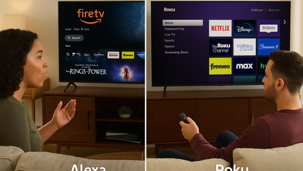 Lifestyle image of Fire TV user using voice vs Roku remote user on couch