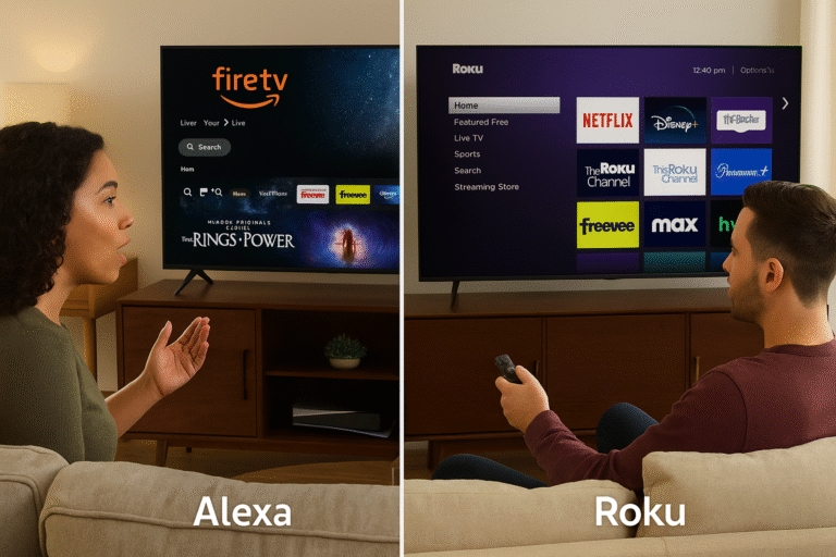 Lifestyle image of Fire TV user using voice vs Roku remote user on couch