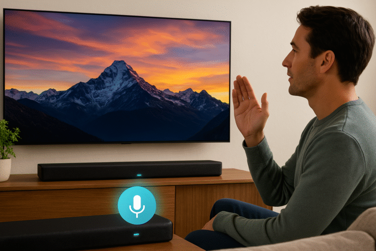 Lifestyle image of someone using voice control from couch.