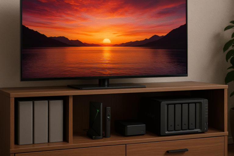 Lifestyle image showing a Shield TV media center setup with storage, NAS, and OLED display