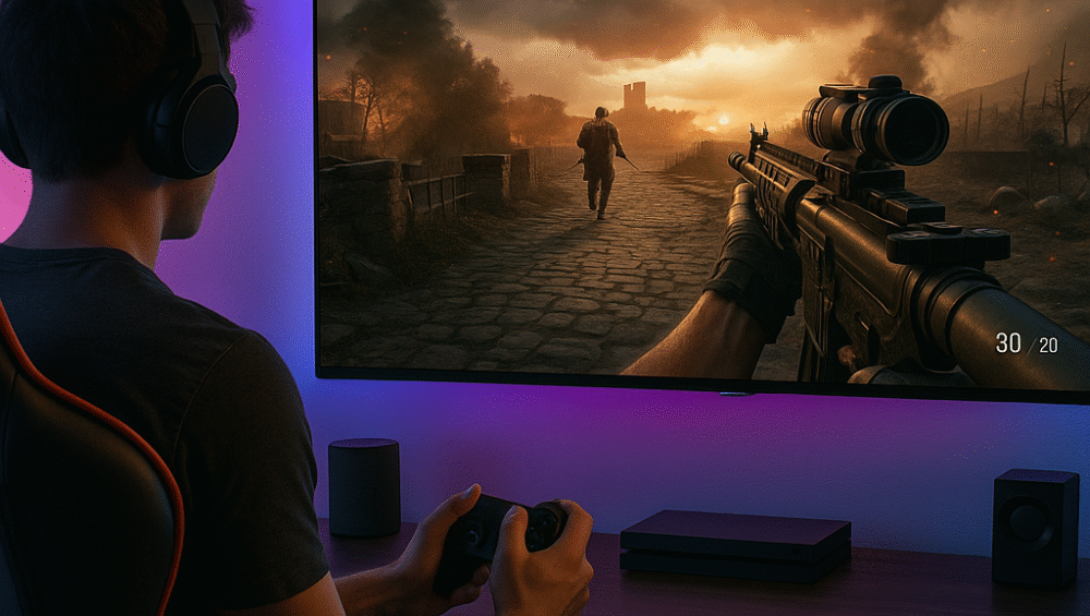 Lifestyle gaming setup with ambient RGB lighting and a gaming TV under $1000 displaying a high-refresh-rate action game on screen.