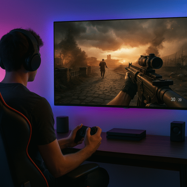 Lifestyle image showing gamer setup with ambient lighting + one of the TVs
