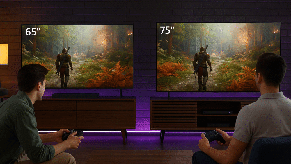 Lifestyle image showing side-by-side gaming sessions on the 65-inch and 75-inch Fire TV Omni QLED models, highlighting size difference, vivid QLED visuals, and hands-free Alexa TV features.