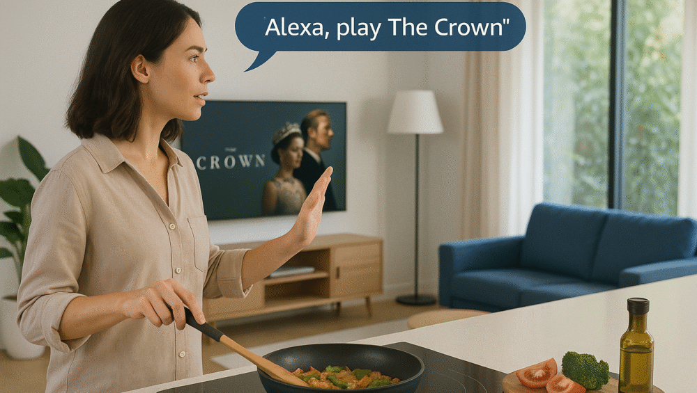 Person in kitchen using voice to control TV in living room through Alexa, demonstrating hands-free TV control in a modern smart home