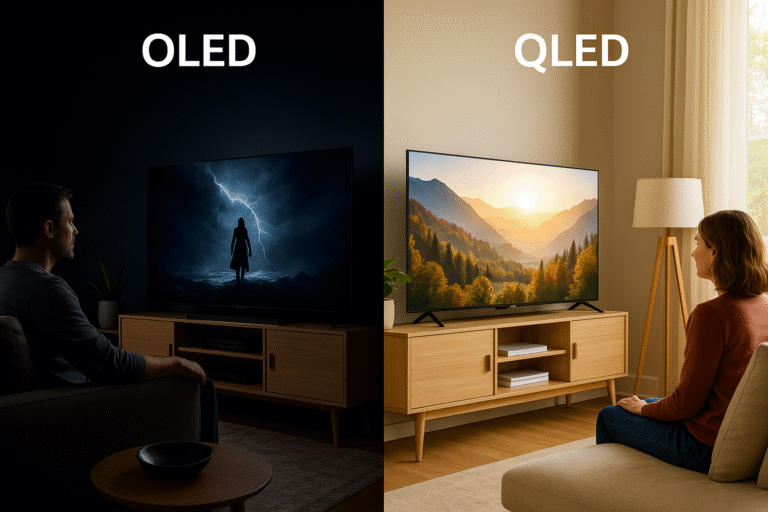 Lifestyle photo of OLED in a dark room vs QLED in a bright room