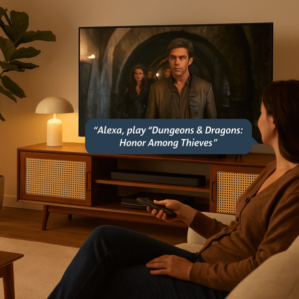 Lifestyle photo of someone using Alexa to start a movie