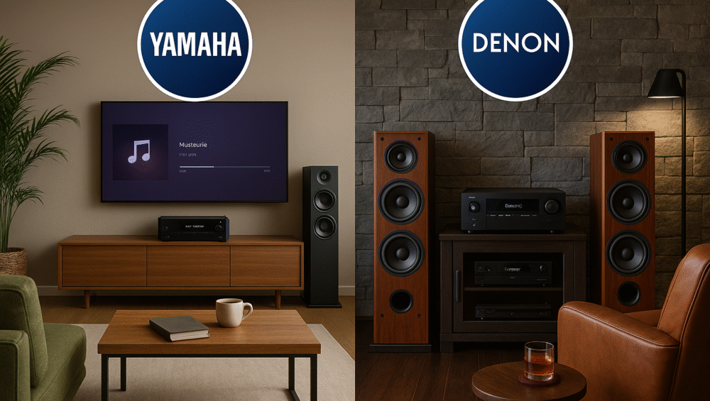 Yamaha RX-V6A vs Denon AVR-S970H lifestyle comparison showing the Yamaha receiver in a modern smart living room with minimalist decor and the Denon receiver in a dedicated audiophile setup featuring premium speakers and acoustic panels.