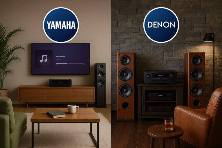 Yamaha RX-V6A vs Denon AVR-S970H lifestyle comparison showing the Yamaha receiver in a modern smart living room with minimalist decor and the Denon receiver in a dedicated audiophile setup featuring premium speakers and acoustic panels.