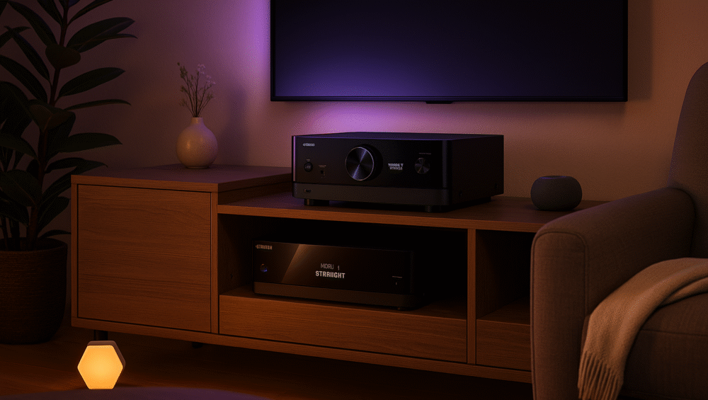 Lifestyle shot of RX-V6A in a smart home setup with ambient lighting