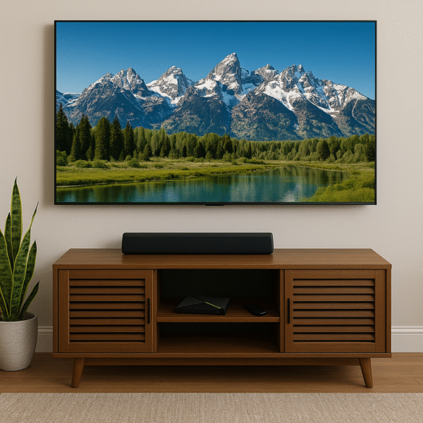 Lifestyle shot of Shield TV Pro set up below a wall-mounted OLED TV