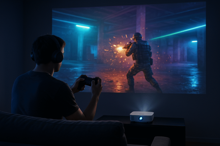 Lifestyle image showing a gamer immersed in gameplay using a budget gaming projector in a dark room, with a vivid 100-inch projected display creating a cinematic, focused atmosphere.