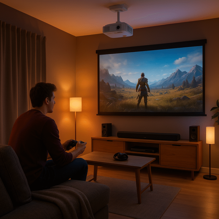 Lifestyle shot showing cozy game room with projector and mood lighting