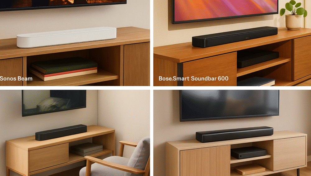 Lifestyle image showing multiple Dolby Atmos soundbars under $500, including Sonos Beam Gen 2, Vizio M-Series, TCL Alto 9+, Yamaha YAS-209, and LG SPM7A installed in modern living rooms and home-theater setups
