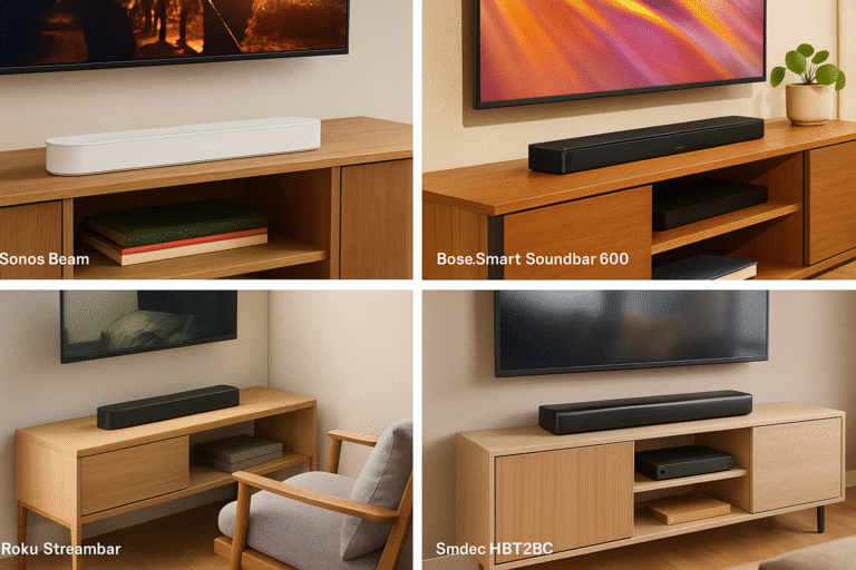 Lifestyle shots of each soundbar in real-world living setups.