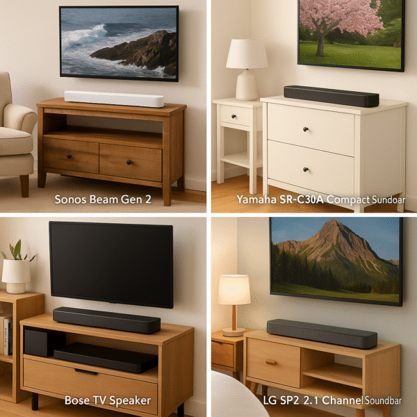 Lifestyle shots of each soundbar in various small-room layouts.