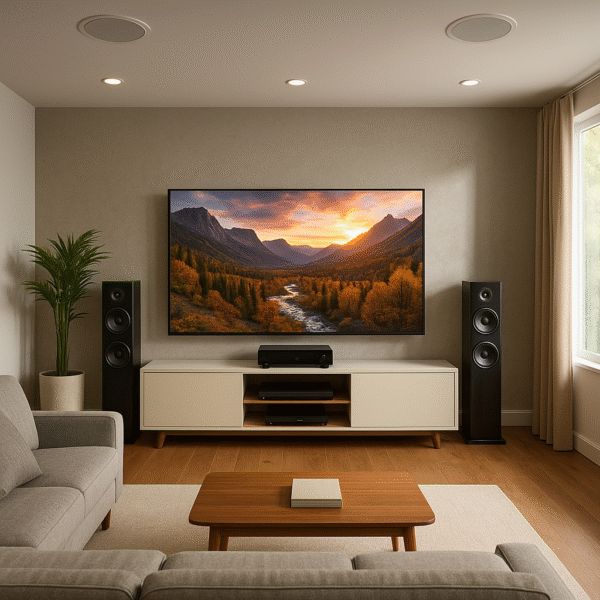 Living room home theater setup with ceiling speakers and an 8K AV receiver showing a modern entertainment space featuring a large TV, mounted ceiling speakers for Dolby Atmos, and an AV receiver positioned in the media console for centralized audio control.