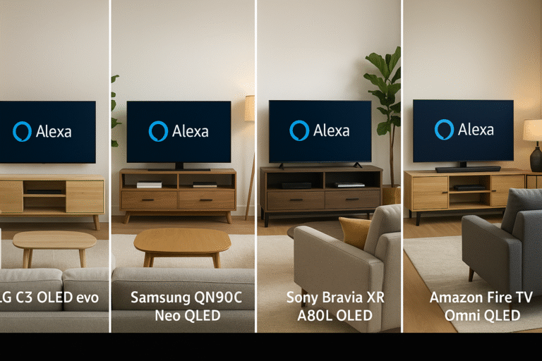 Mockup living room layouts with each TV model in its ideal environment.