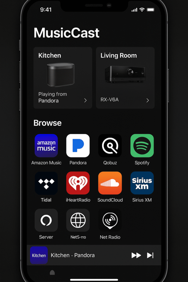 MusicCast app interface showing active devices and streaming service logos