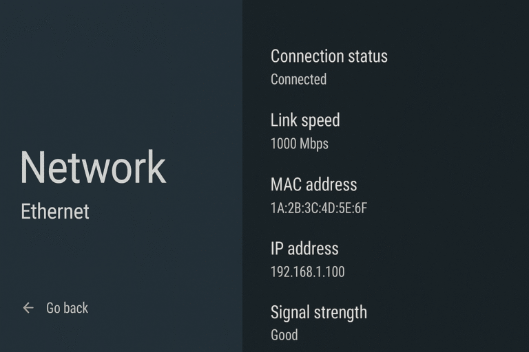 Network config screen showing Ethernet stats on Shield TV.