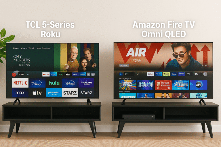 Photo showing TCL 5-Series Roku vs Amazon Fire TV Omni QLED next to each other