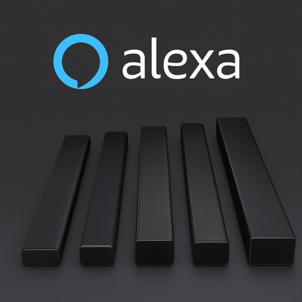 Product lineup image of top 5 soundbars with Alexa logo overlay