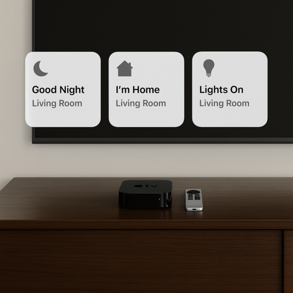 Real-world photo of Apple TV with overlayed HomeKit scene cards