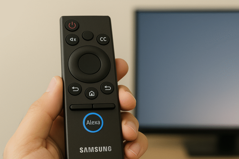 Remote in hand with “Alexa” being pressed on Samsung remote