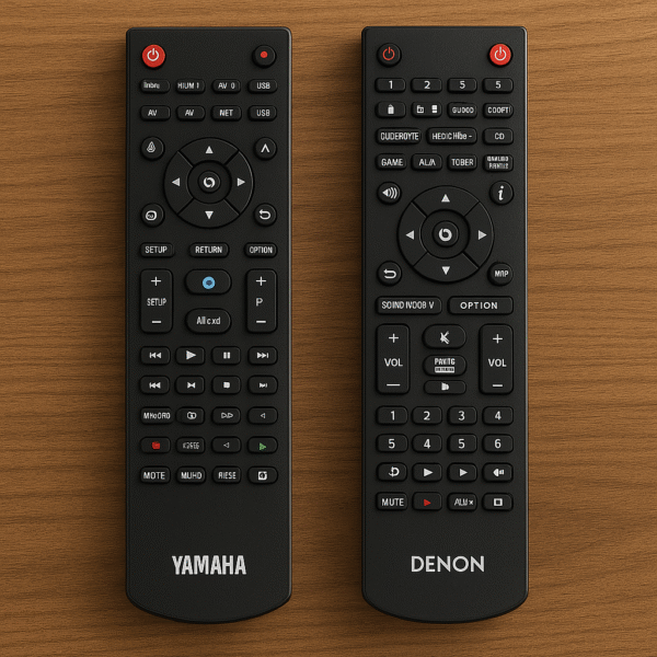 Yamaha RX-V6A vs Denon AVR-S970H remote comparison showing both remotes side-by-side to highlight button layout differences—Yamaha’s minimal, modern design versus Denon’s traditional, full-featured control interface.