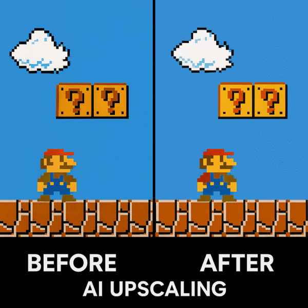 Retro game UI before and after AI upscaling.