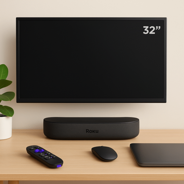 Roku Streambar placed under 32 inch TV in small desk setup.