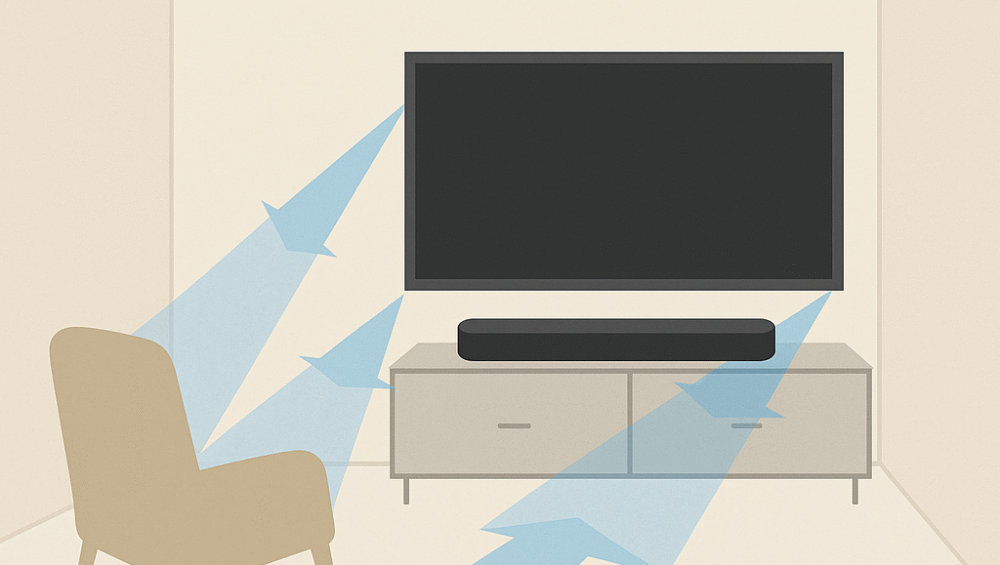 Room diagram illustrating optimal soundbar placement and sound reflection angles for compact spaces, demonstrating best positioning of soundbars for apartments & bedrooms.