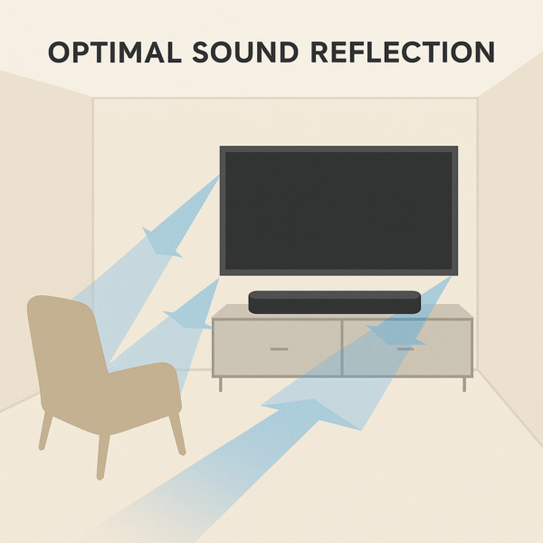 Room diagram showing soundbar placement for optimal sound reflection