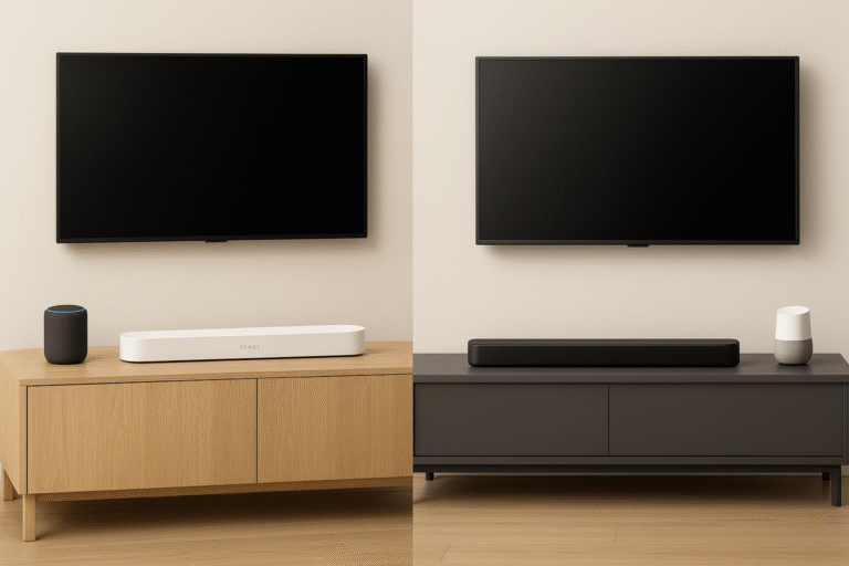 Room mockups with soundbars and smart assistants placed nearby.