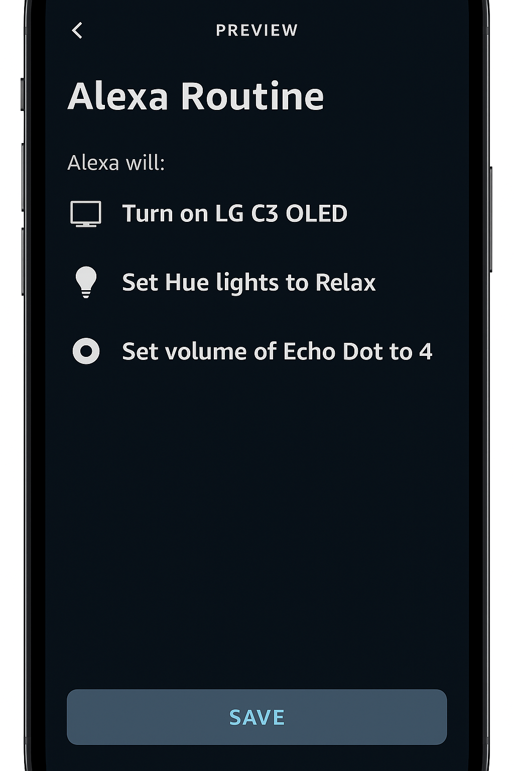Routine preview screen in Alexa app showing stacked commands