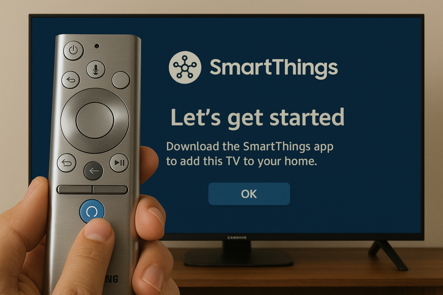 Samsung remote highlighting Alexa mic button + SmartThings setup screen