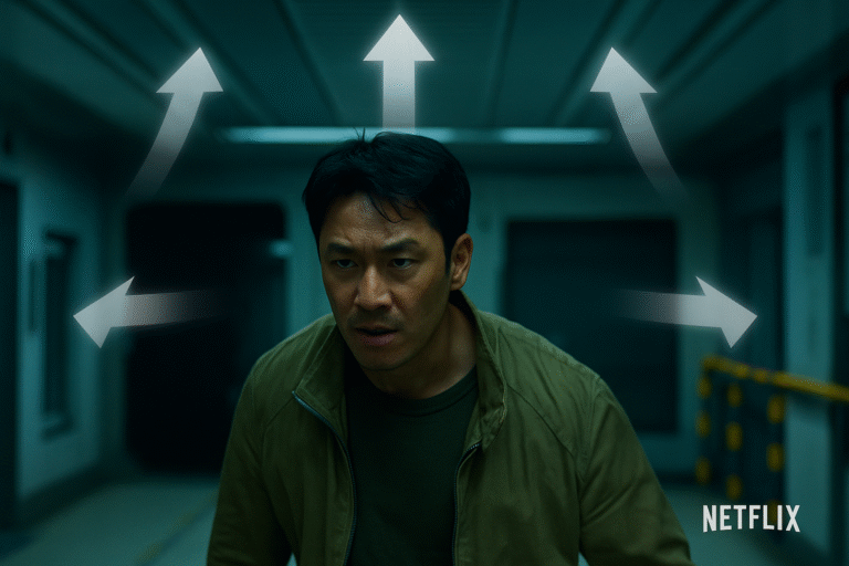 Scene from Atmos-compatible Netflix content with overhead arrows.
