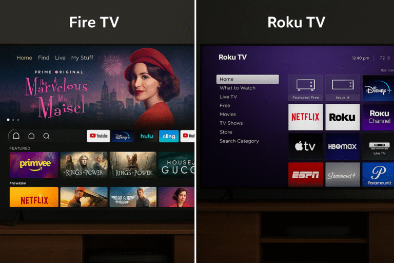 Screenshot of Fire TV and Roku TV home screens side-by-side