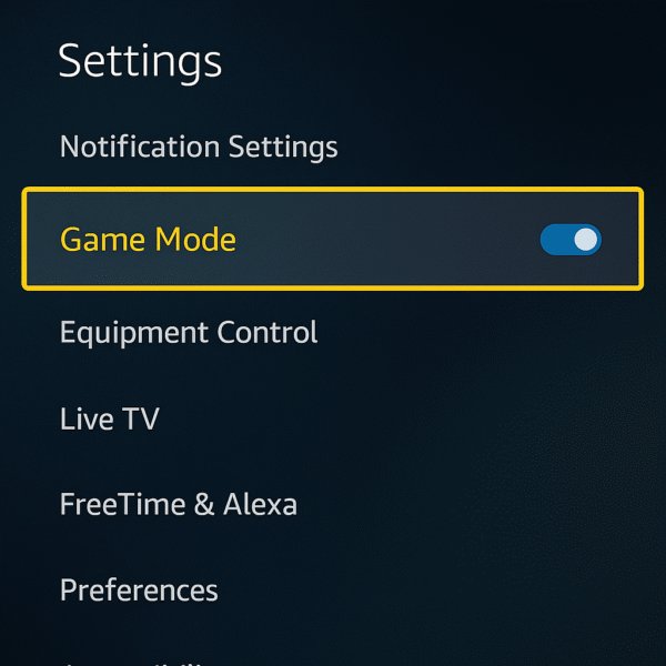 Screenshot of Fire TV settings screen with Game Mode toggle highlighted