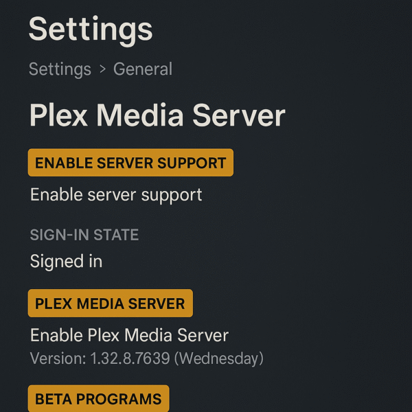 Screenshot of Plex server settings with options highlighted.