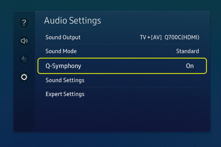 Screenshot of Samsung TV audio settings menu highlighting the Q-Symphony toggle.