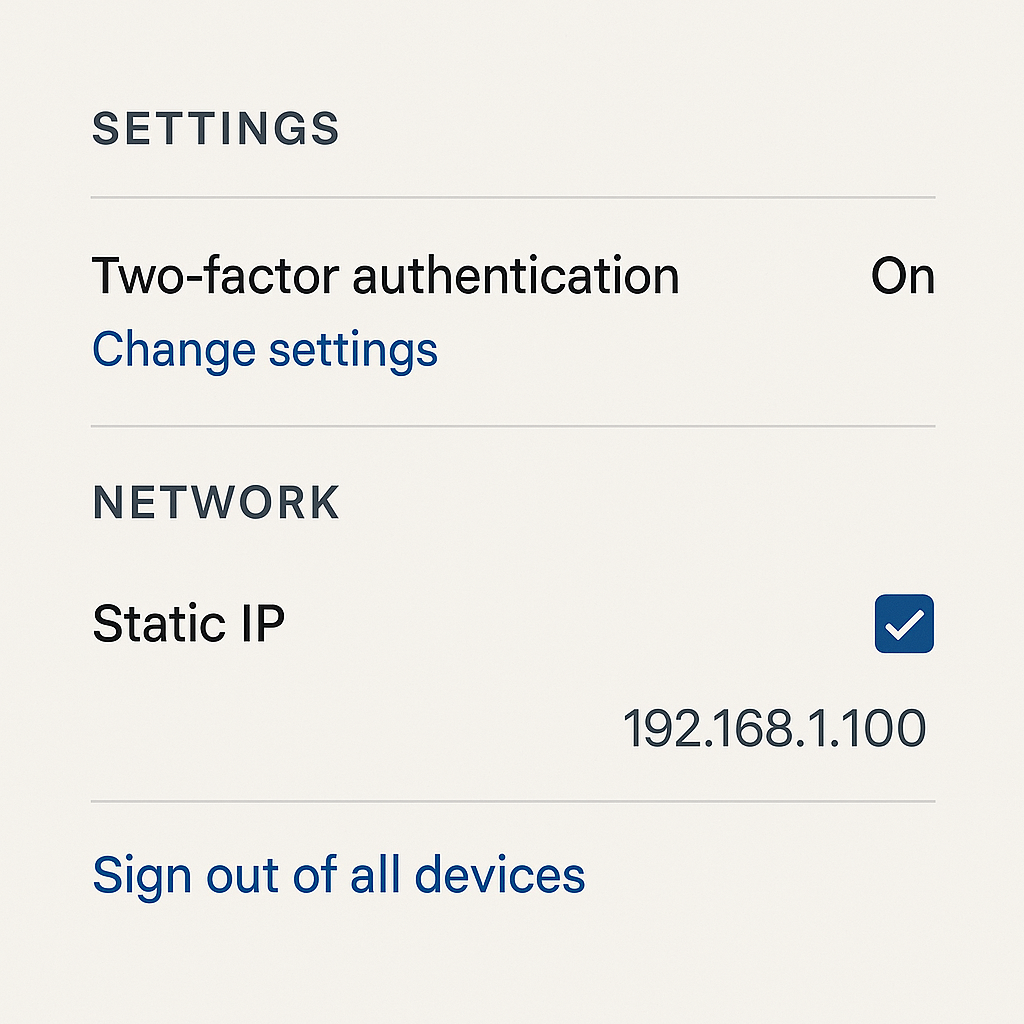 Screenshot of settings showing 2FA and static IP configuration.